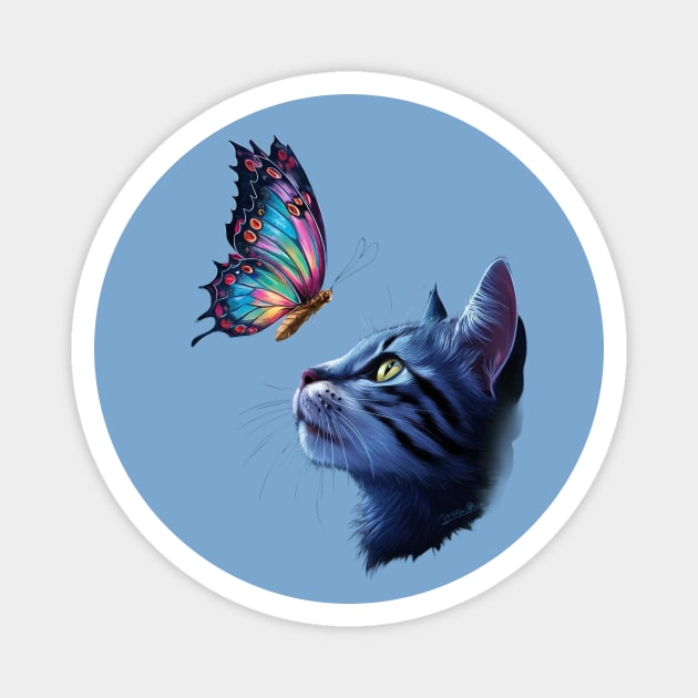 The Cat Gazes Upwards at a Vibrant Butterfly Magnet by animegirlnft